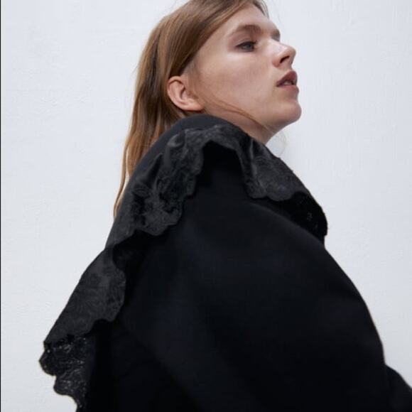 ZARA Eyelet Crewneck Ruffle Long Sleeve Sweatshirt Top Black - Picture 3 of 7